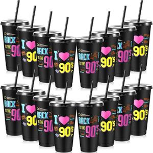 Uiifan 16 Pcs Back to the 90's Party 1990's Birthday Reusable Cups with Lids and Straws 24 oz Plastic Rock and Roll Tumblers Bulk Funny 90s Party Supplies