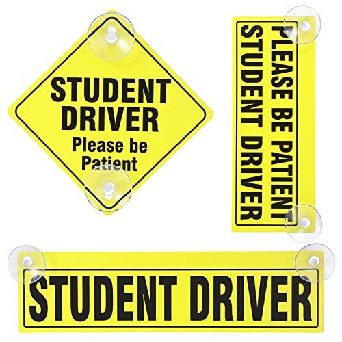 3 Pieces Student Driver Signs with Suction Cups New Driver Stickers Please Be Patient Window Cling Magnet for Car Window Removable Reusable Gifts for Beginners Driving Learner