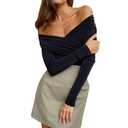 RARITYUS Women's Off The Shoulder Long Sleeve Bodysuit Sexy Ruched Cross Wrap Bodysuit Tops Shirts Jumpsuit, M