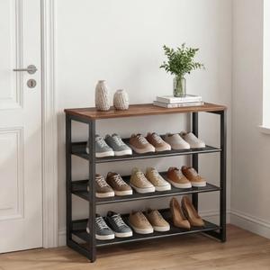 Garden 4 you Shoe Rack for Entryway 4 Tiers 11.8" D x 25" W x 28" H, Metal Shoe Rocks with Brown Wooden Tabletop, Angled Shoes Rack with Adjustable Mesh Shelves for Entryway Hallway Closet