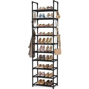 VTRIN 10 Tiers Tall Shoe Rack Holds 20-25 Pairs of Shoes Sturdy Vertical Shoe Organizer with 18pcs Hooks Stackable Narrow Shoe Rack for Closet, Entryway Black