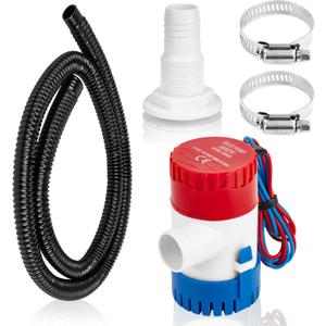 Non-automatic 0.98 Inch Bilge Pump kit for Boats, 12V 500GPH Bilge Pumps with 6 Ft/1.8 Meters Hose, 2 Pcs Stainless Steel Clamps and Thru Hull Fitting, Suitable for Speedboats Yachts