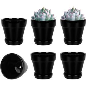 vensovo 4 Inch Black Ceramic Pots for Plant with Saucer - 6 Pack Small Ceramic Planter with Drainage Hole, Flowerpot with Tray, Great for Indoor Outdoor Plants, Crafts, Wedding Favor