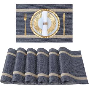 FAVE Placemats Set of 6 Blue Placemats Woven with Golden Thread Durable and Wipeable Vinyl Placemat Heat Resistant Table Mats Set of 6 High Texture Place Mats for Kitchen TableBlue placemat (12"x18"-6PCS)