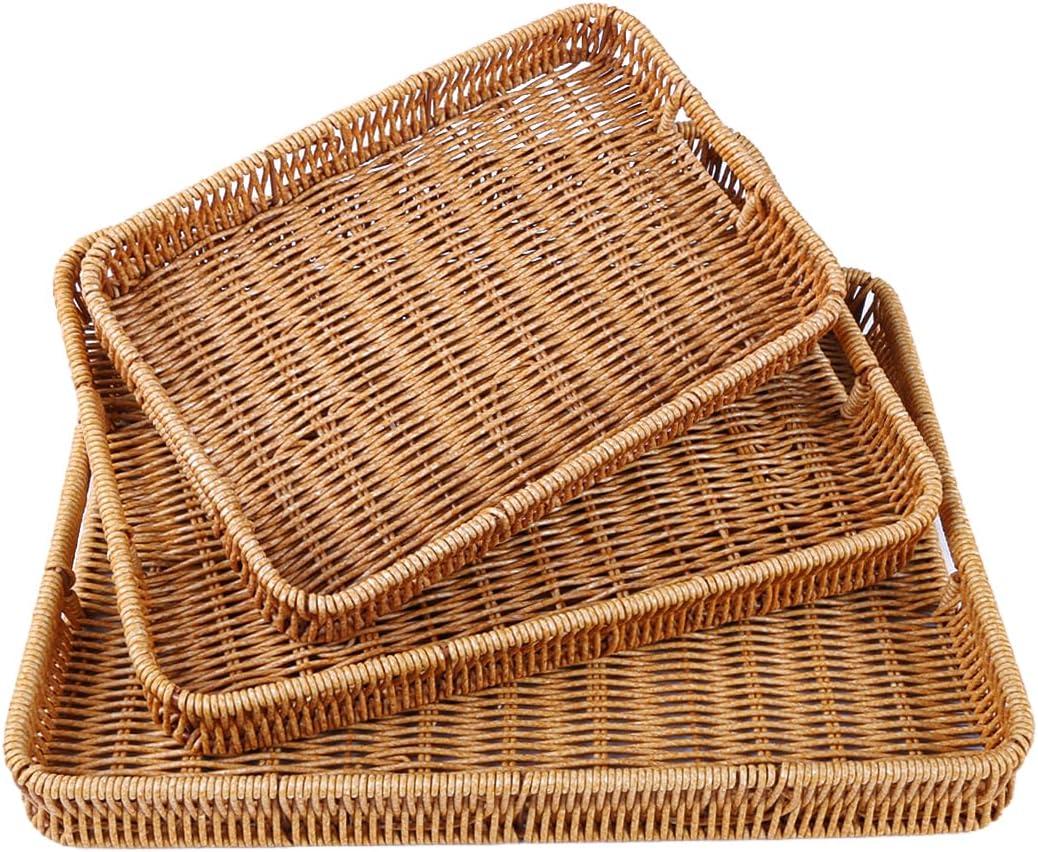 Woven Serving Tray with Handles, Handmade Poly Wicker Tray for Storage Breakfast, Drinks, Fruits, Rectangular Basket Organizer Platters for Coffee Table Centerpiece Decor (3, Light Color)