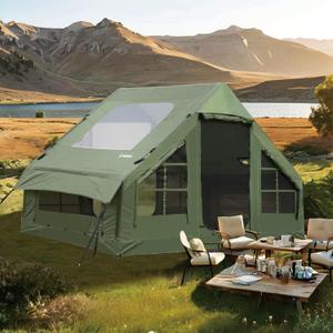 Inflatable Tent for Camping Large Blow Up Tents Glamping 4-8 Person House 4 Season Air with Pump Easy Set up Waterproof Outdoor Oxford (Army Green)