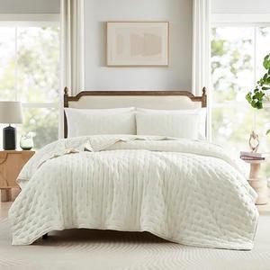 WDCOZY Ivory Cloud Quilt King Size Bedding Set with Pillow Sham, Cream White Puffy Cozy Lightweight Bedspread Coverlet, Soft Cute Bed Cover for All Season - 3 Pieces, 104x90 inches
