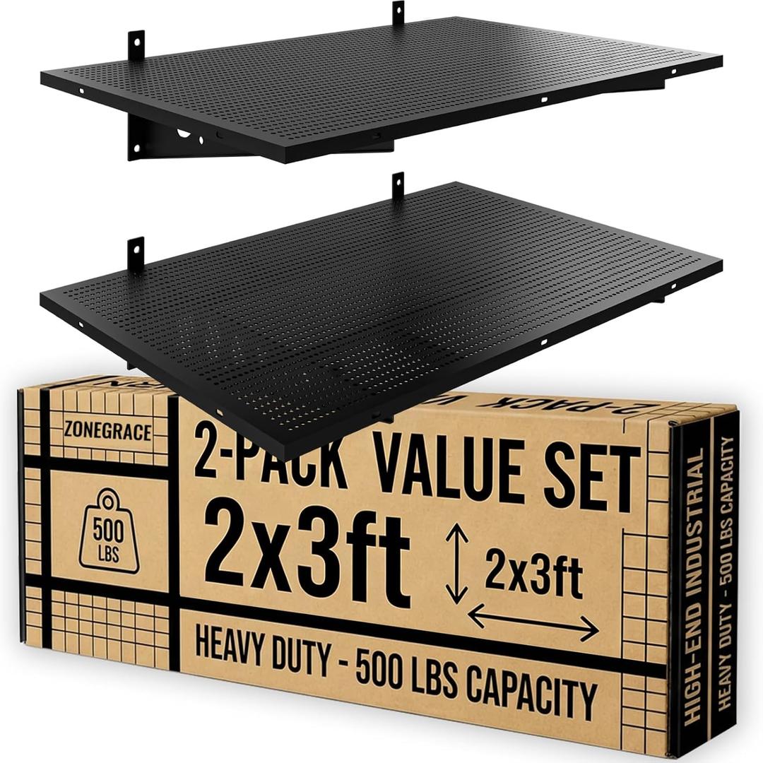 ZONEGRACE 2-Pack 2x3ft Deep Garage Shelving Wall Mount, 500 Lbs Wall Shelf Heavy Duty, Wall Shelves For Garage Storage With Complete Install Kit & Hooks, Black
