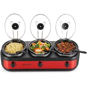 Elite Gourmet EWMST-325R Maxi-Matic Triple Slow Cooker Buffet Server Adjustable Temp Dishwasher-Safe Oval Ceramic Pots, Lid Rests, 3 x 2.5 Qt Capacity, Red