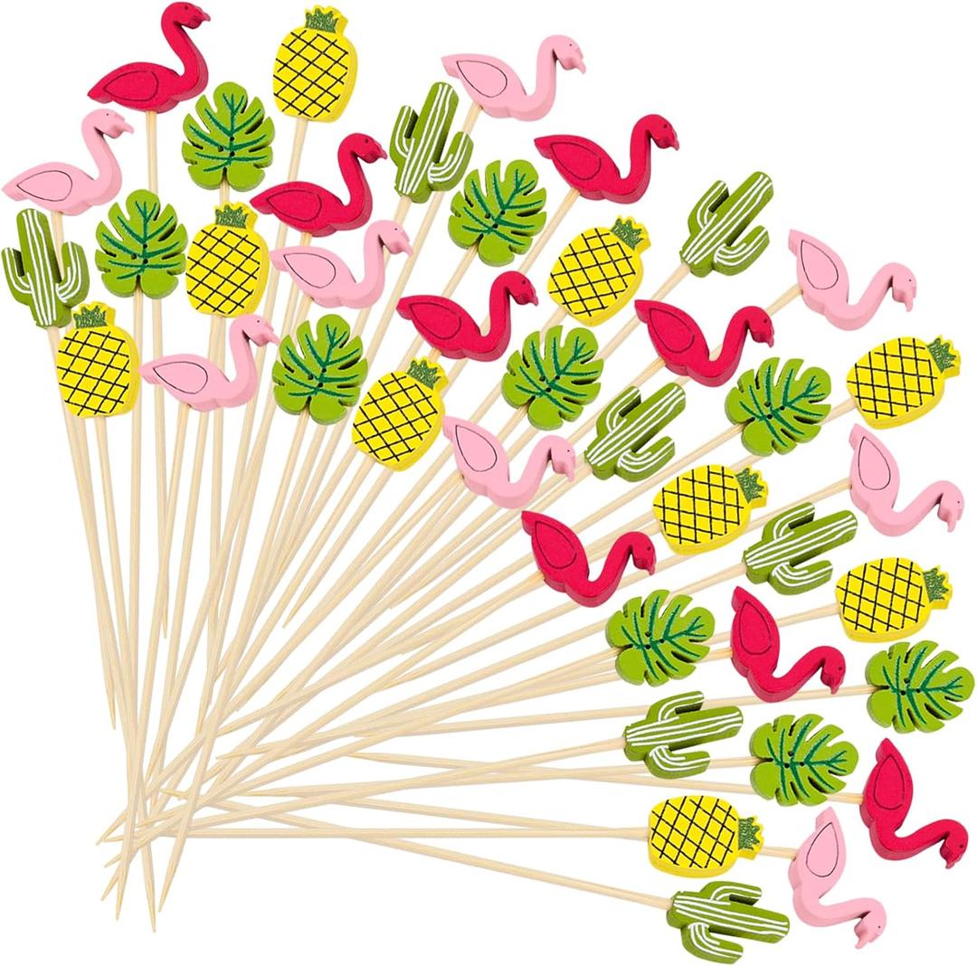 2 x 120pcs Summer Cocktail Picks Tropical Hawaii Cocktail Picks Assorted Flamingo Pineapple Monstera Palm Leaf Cactus Pick for Appetizers Food Drinks Cupcake Hawaiian Luau Party Decoration Supply