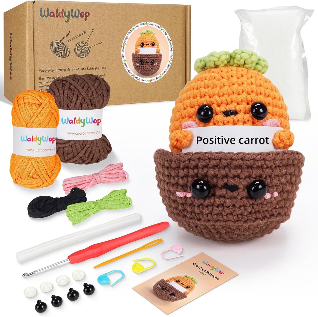 WaldyWop Beginner Crochet Kit for Kids: Easy Crocheting Starter Kits for Girls - Learn to Crochet Set w/Step-by-Step Video - Complete Knitting Kit, Easy Crochet Yarn, Birthday Gifts for Women (Carrot)