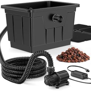 POPOSOAP Large Pond Filter Kit, 1200GPH Pond Filter with Quiet Pond Pump & 9.8FT Tube, Multiple Filtration System for for Koi Pond Garden Pond Water Clean & Clear-P2580