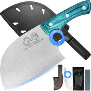 XYJ Authentic Since 1986,Heavy Duty Large Meat Cleaver,Serbian Chef Butcher Knife with Case,Chefs Vegetable Kitchen Knife,Full Tang for Outdoor Camping,Wood Handle with Sheath (Blueish Green Wood)