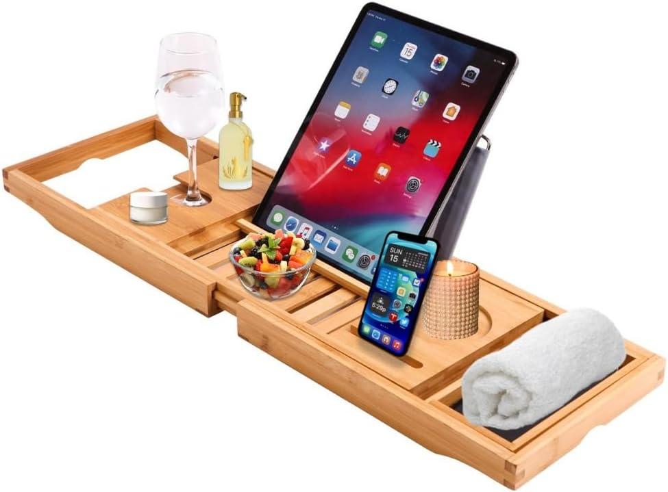 Bamboo Bath Caddy Tray | 100% Natural Bamboo Wooden Bathtub Tray with Book & Tablet Stand | Luxury Wine Glass Candle Holder | Natural Wood | Extendable Organiser for Bathroom Jacuzzi