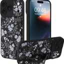 Compatible with iPhone 17 Pro Max Case for Women Men, White Flower | Floral Pattern, Built in Adjustable Metal Wrist Strap Grip Hand Holder Kickstand Soft Silicone Cover 6.9 Inch, Black