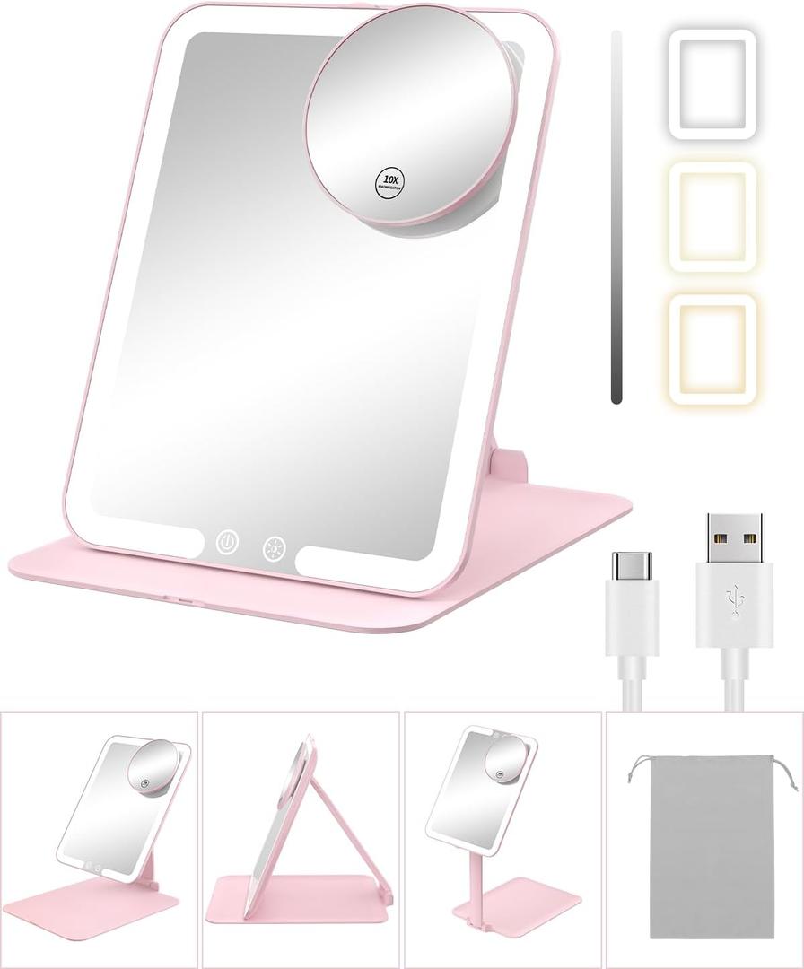 Gospire Travel Makeup Mirror with Lights and Magnification 10X, Portable Make Up Compact Tabletop Mirror with Adjustable Stand, 3 Colored Lights Rechargeable Lighted LED Vanity Mirror - Pink