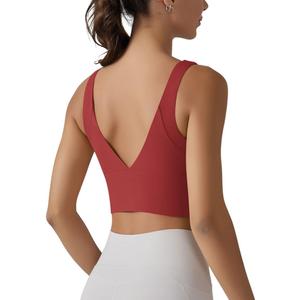 ABOCIW Longline Sports Bra for Women V Back Wireless Padded Medium Support Yoga Bra Workout Crop Tank Tops (Wine Red, M)