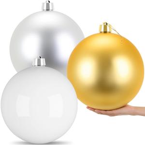 Zubebe 3 Pcs 12'' Extra Large Christmas Ornaments Balls for Christmas Tree Outdoor Decor, Giant Oversized Hanging Plastic Xmas Balls Ornaments for Holiday Party Outdoor(Matte White, Gold, Silver)