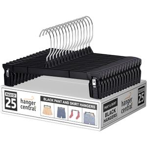 Hanger Central 25 Pack Heavy Duty Plastic Bottoms Hangers with Ridged Pinch Clips Pants Hangers, 12 Inch, Black