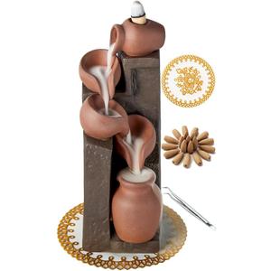 Unique Cascading Basins Ceramic Waterfall Incense Holder, Paired with a Pack of Backflow Incense Cones. (Primary)