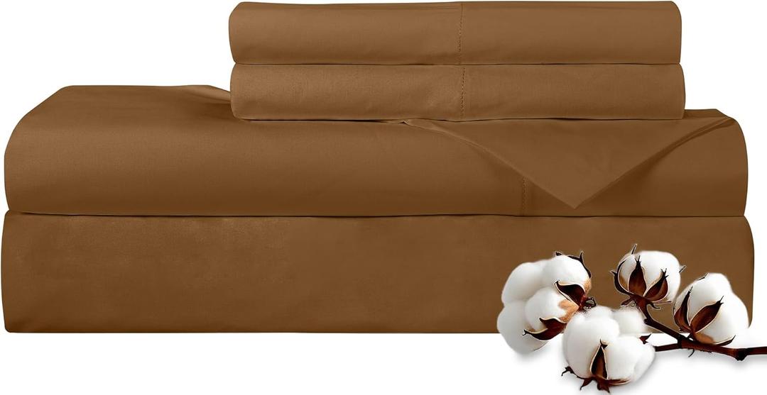 ROYALE LINENS 300 Thread Count 100% Long Staple Combed Cotton Sheet Set - 4 Piece King Bed Sheets - 1 Fitted, 1 Flat & 2 Pillow Cases - Soft Cool & Crisp Sheet Set (King, Chocolate)