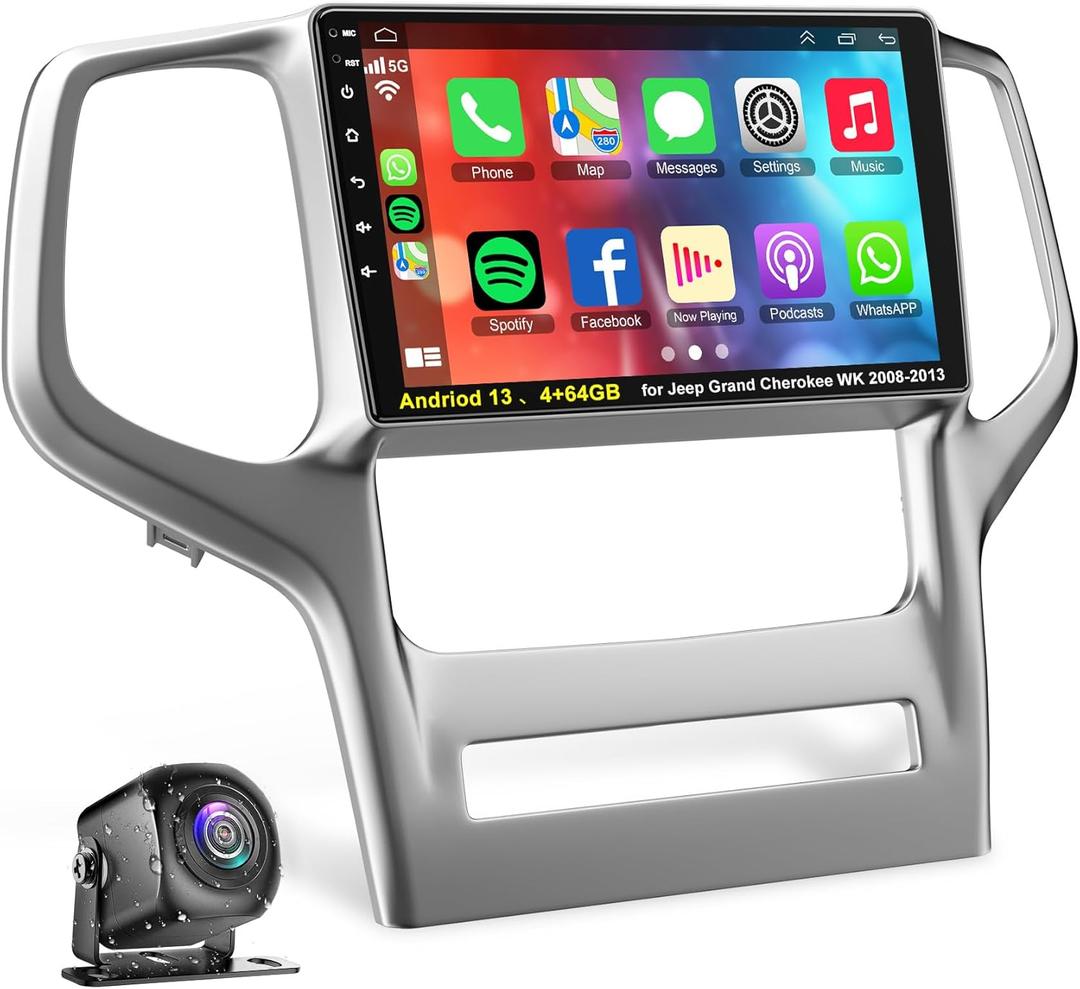 8 Core 4+64GB Car Radio for Jeep Grand Cherokee WK 2008-2013 with Carplay & Android Auto Head Unit, 9 inch IPS Touch Screen Car Stereo with GPS WiFi Bluetooth 5.2 Voice Control SWC Backup Camera EQ FM