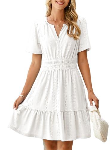 Simplee Womens White Spring Wedding Guest Mini Dress Eyelet Casual V Neck Flowy A Line Short Dresses Empire Waist Beach Dress with Pockets(White M)