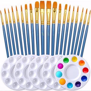 DUGATO Artist Paint Brush & Palette Set - 20 Nylon Brushes (Assorted Sizes & Shapes) with 5 Mixing Trays - Ideal for Acrylic, Watercolor, Oil & Gouache Painting (Blue)