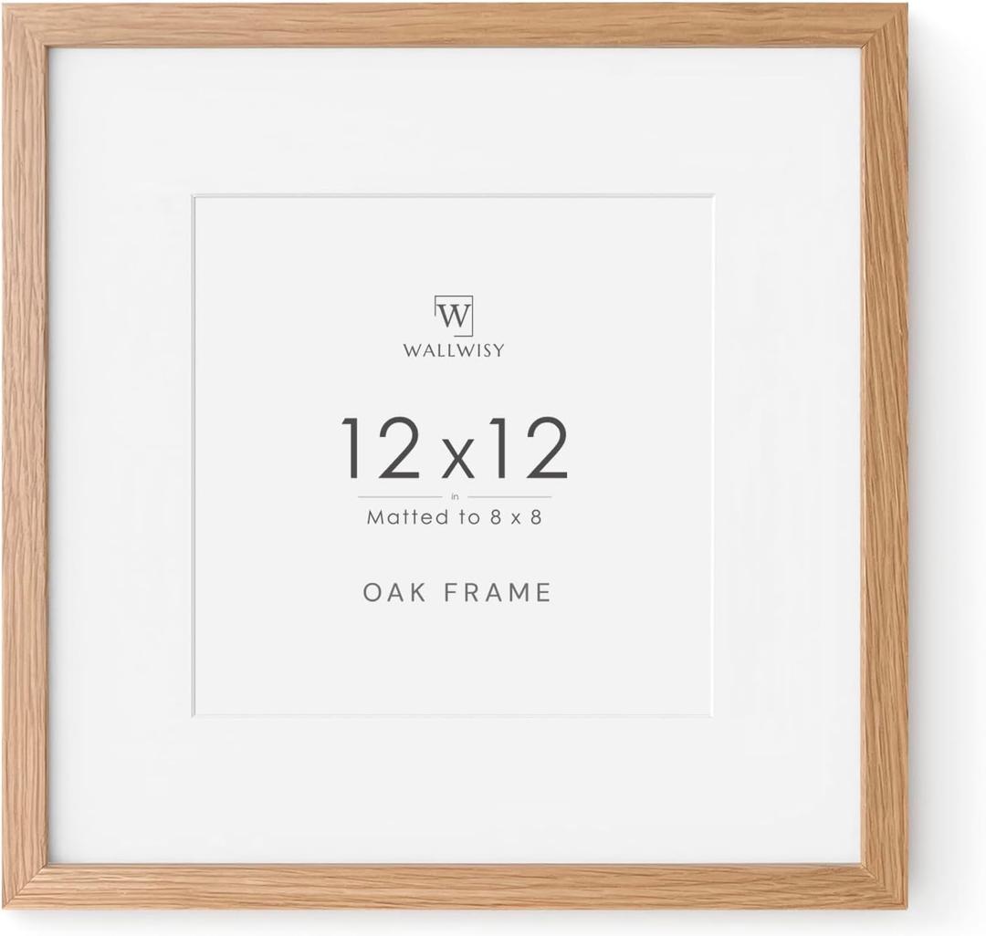 12x12 Wood Frame, Natural Oak 12x12 Picture Frames with Mat to 8x8(Openning Size is 7.6x7.6), Set of 1