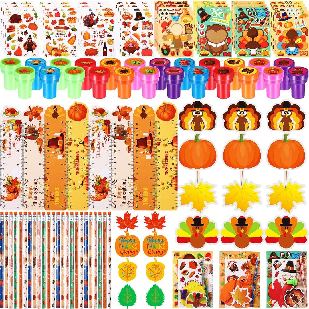 Epakh 192 Pcs Fall Thanksgiving Party Favors Classroom Gifts Friendsgiving Goodie Bags Carnival Day Prizes Pumpkin Turkey Pencils Notepads Stamps Bulk for Autumn Themed Stationery Rewards Set (Fall)