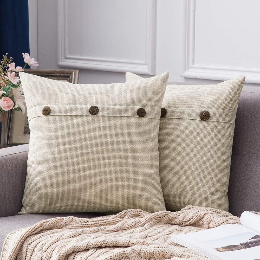 MIULEE Set of 2 Decorative Linen Pillow Covers Farmhouse Vintage with Triple Button Accent Pillows for Couch Sofa Bed Living Room Home Decor 18x18 Inch Beige