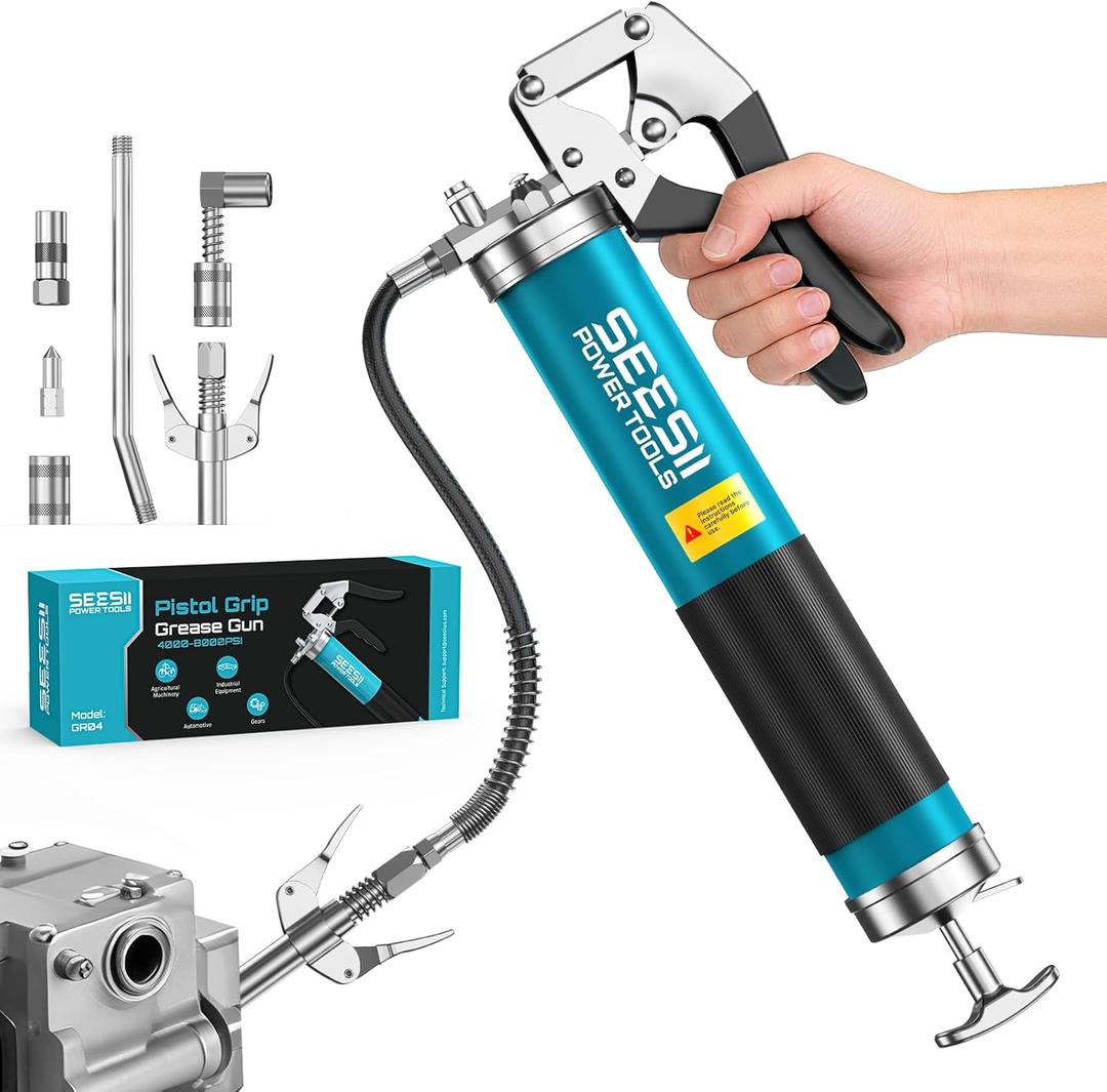 Seesii 8000PSI Grease Gun Kit: Heavy Duty Pistol Grip Grease Gun with 14oz Capacity, Quick-Release Coupler, 90 Adapter, Flexible Hose, Rigid Pipe for Automotive, Agricultural, Industrial, Marine