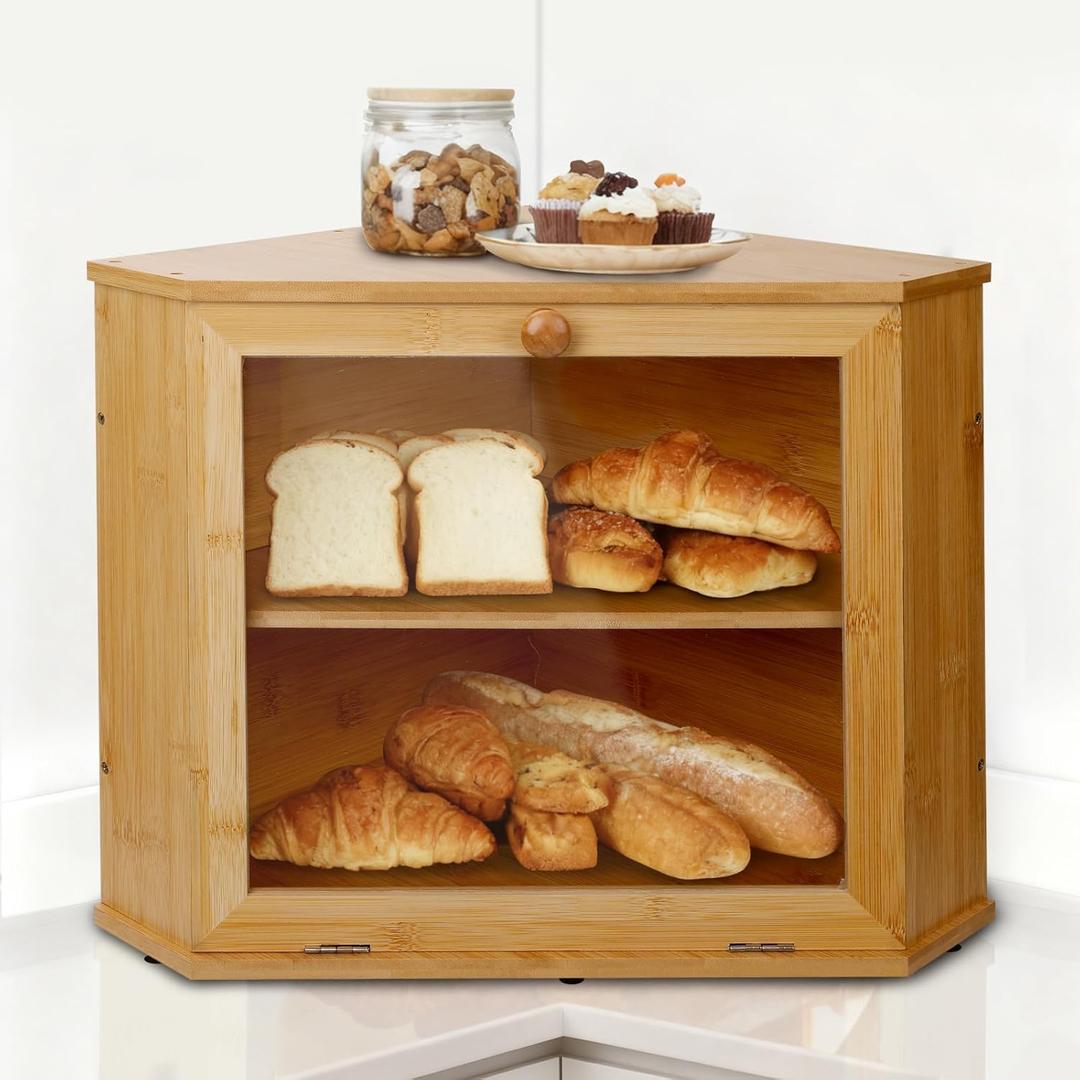 Bamboo Corner Bread Box for Kitchen Countertop - Double Layer Bread Storage with Clear Window, Natural Wooden Bread Keeper Organizer for Homemade Bread, Under Cabinet Mount, Fits Countertop & Pantry