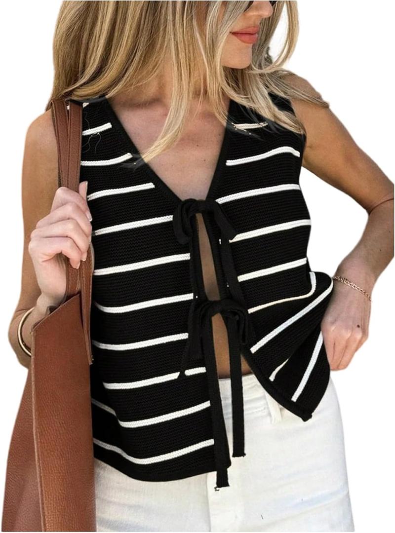 SOLY HUX Women's Sleeveless Striped Sweater Vest V Neck Tie Bow Crochet Knit Tank Tops Casual Loose Cardigan (Black, S)