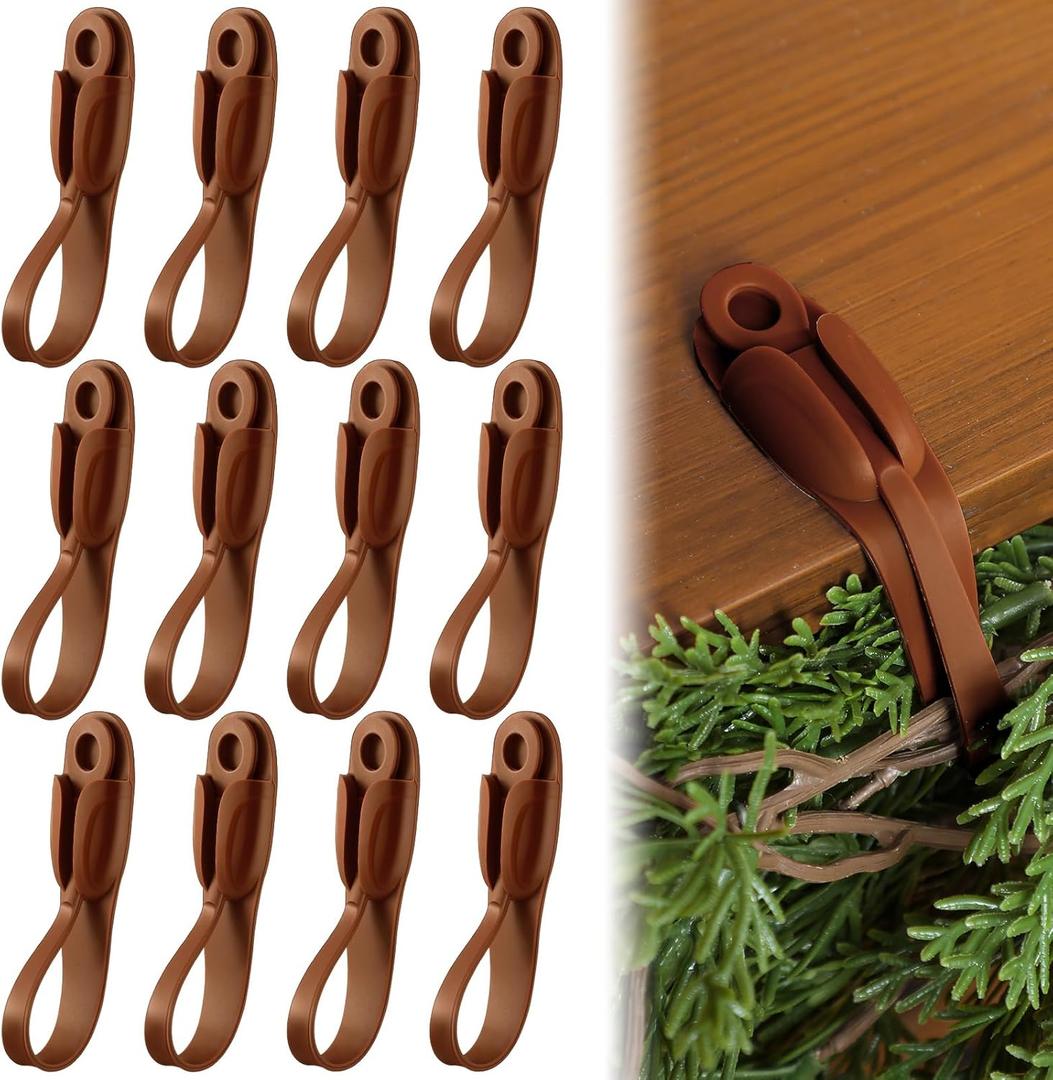 12 Pcs Christmas Garland Hanger for Mantle No Drill Garland Hangers Hooks Wreath Ties Fireplace Stocking Holder Stretchable Silicone Adhesive Straps for Door Frame Stairways (Brown)