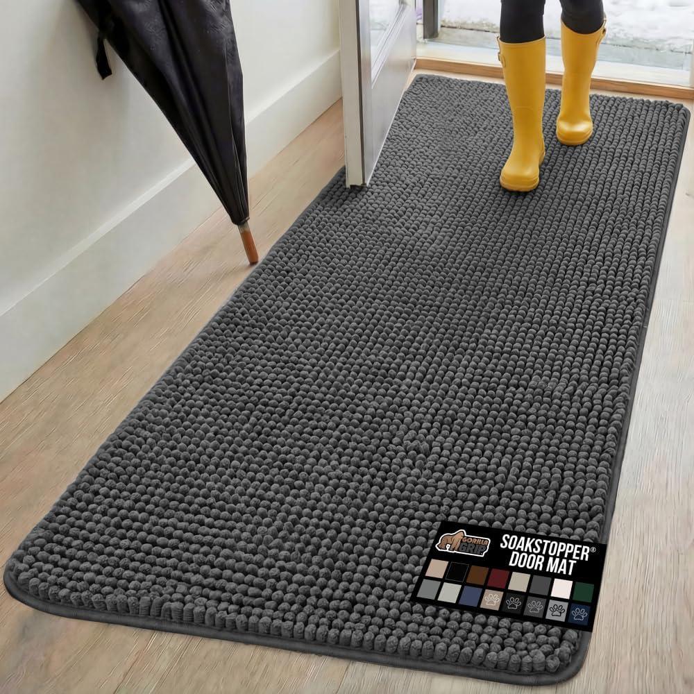 GORILLA GRIP SoakSTOPPER Dog Door Mat, 70x24 Machine Washable Rug Absorbent Doormat Captures Moisture Mud Dirt, Quick Dry Soft Chenille Entryway Rugs Indoor Entrance Mats for Dog Paws, Charcoal