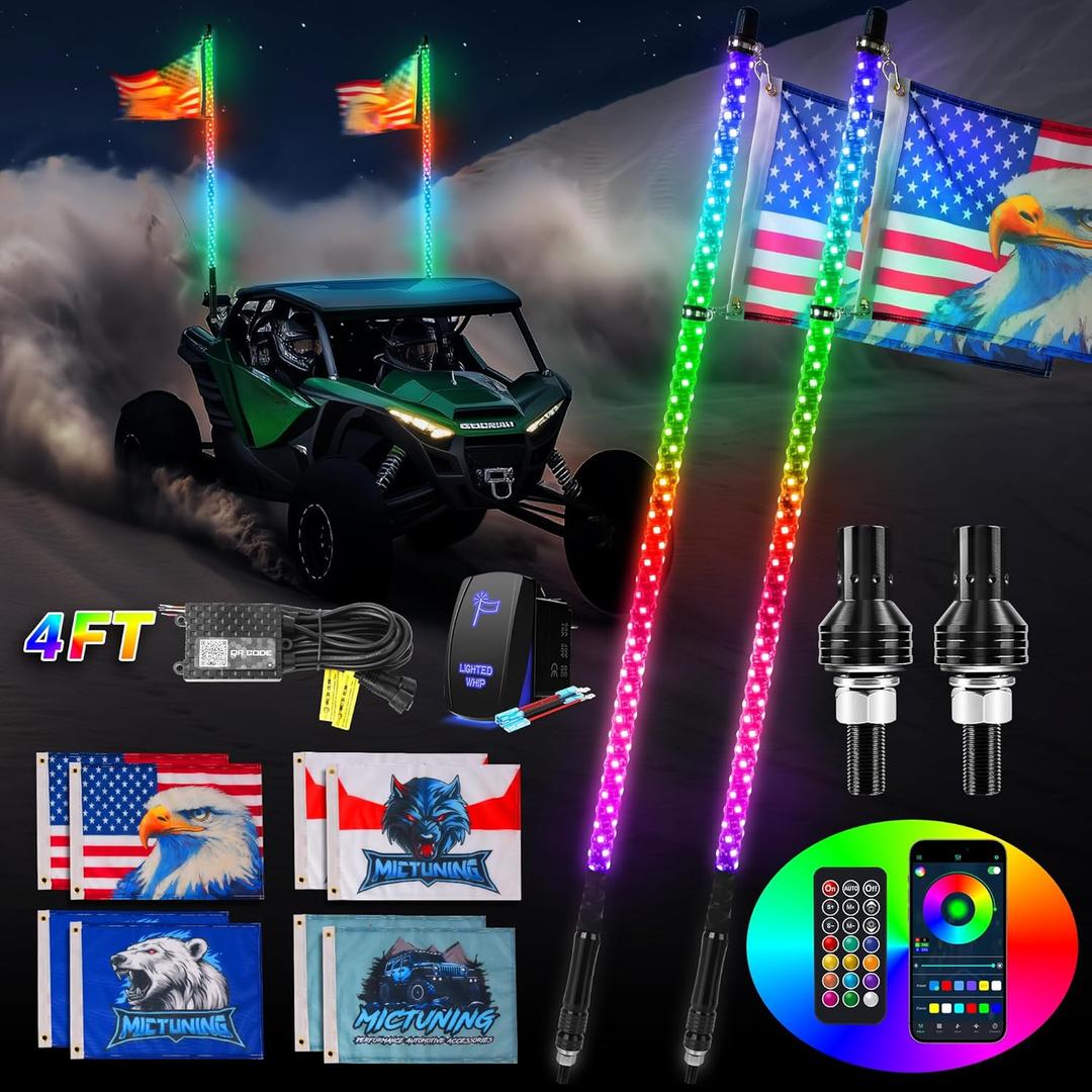 MICTUNING 2pc 4ft Spiral LED Whip Lights with 8 Flags, RF Remote & App Control, RGB Chasing Lighted Whips with Rocker Switch, Music Synced Whip Light for UTV ATV Polaris RZR Can-Am