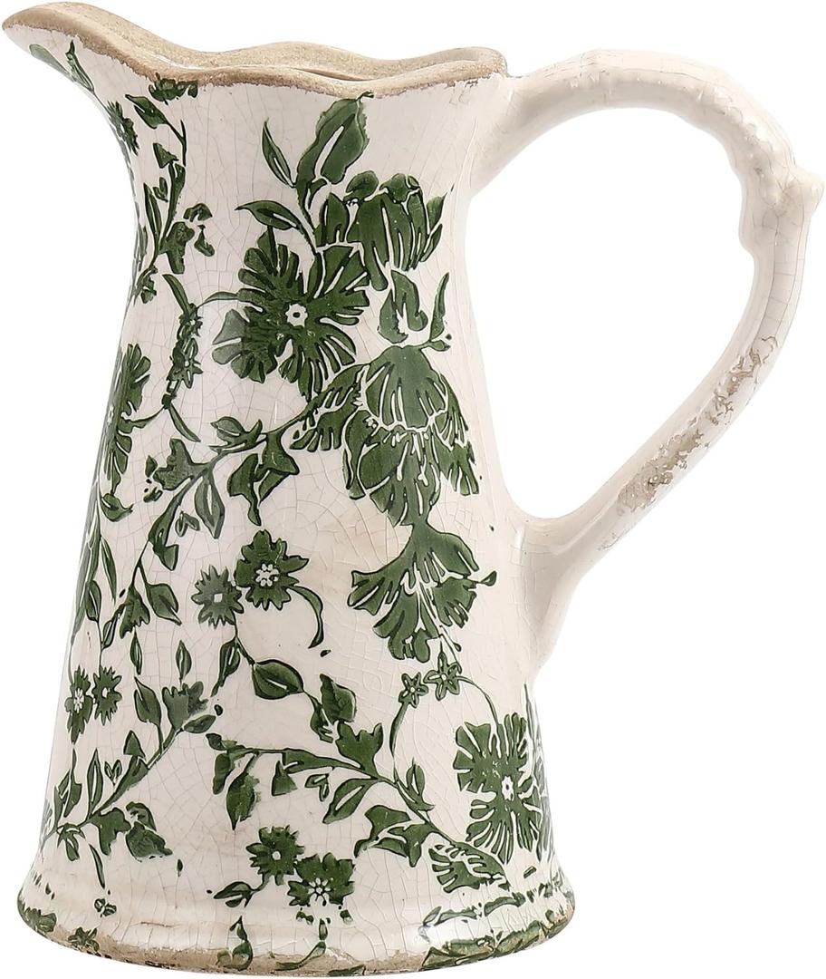 Ceramic Green Vase for Tuscan Decor, Large Vintage Vases for Home Decor, Chinoiserie Floral Vases for Rustic Farmhouse Decor, Grand Millennial Style Vase for Living Room, Bookshelf, Office (Green-8 Inch)