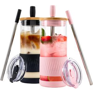 Pandaloo Glass Cups With Lids and Straws -20 Fl Oz- Perfect Size Iced Coffee Cup - Smoothie Cup With Bamboo Lid and On the go Lid - Glass Tumbler (2 Count (Pack of 1), Black Saphir-Tender Pink)