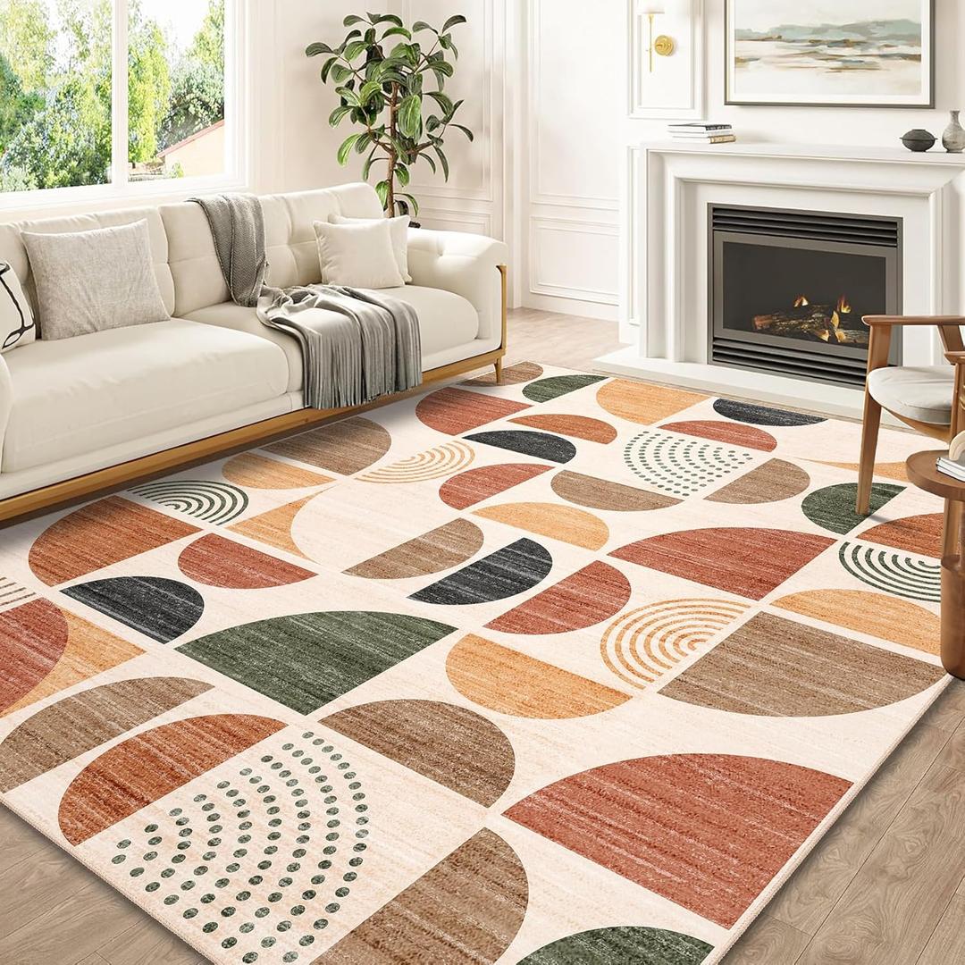 MUJOO 8x10 Area Rugs,Washable Rugs for Living Room Bedroom Dining Room,Boho Large Throw Floor Carpet Non Slip Soft Modern Abstract Bohemian Terracotta (Rust and Brown)