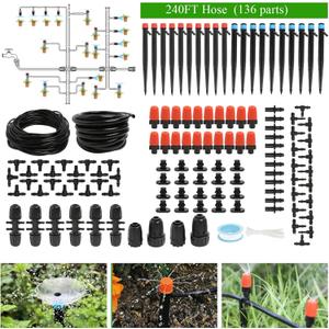 240FT Drip Irrigation System Kit, Automatic Garden Watering Misting System for Greenhouse, Yard, Lawn, Plant with 1/2 inch Hose 1/4 inch Distribution Tubing and Accessories