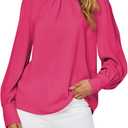 LYANER Women's Mock Neck Pleated Solid Long Sleeve Blouse Office Shirt Top (Pink, XL)