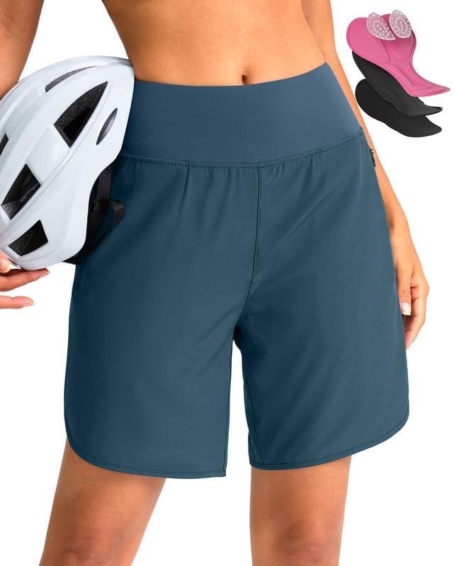 Women's Mountain Bike Shorts 4D Padded Cycling Shorts with Zipper Pockets High Waist Biking Riding Cycle Shorts (Medium, Blue Grey)