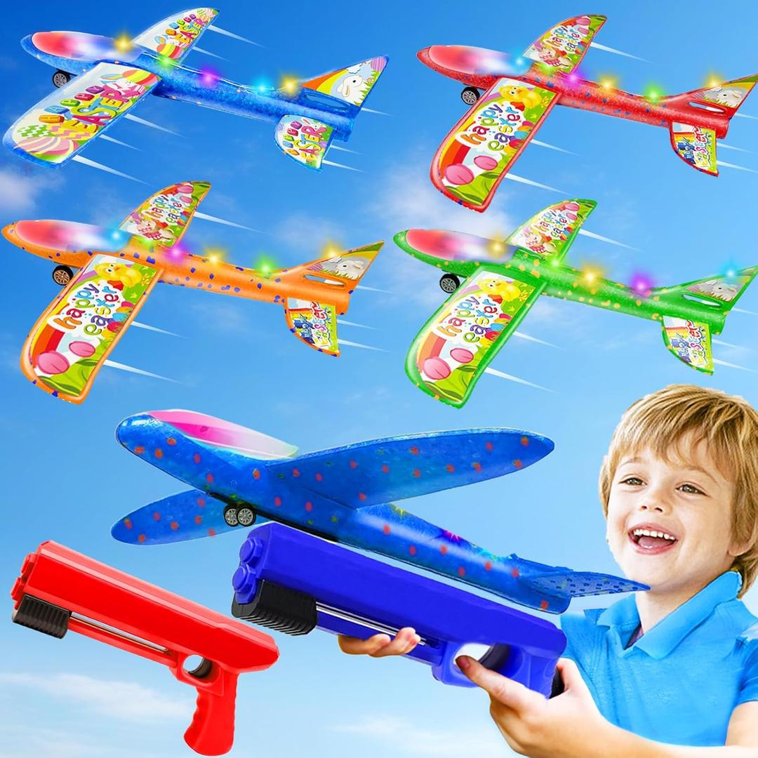 2 Launcher - 4 Pack 14.5" Lighted Easter Airplane Launcher Toys for Boys Kids Gifts Easter Basket Stuffers Essential, LED Foam Glider Catapult Plane Flying Toy for Kids Party Favors Outdoor Games