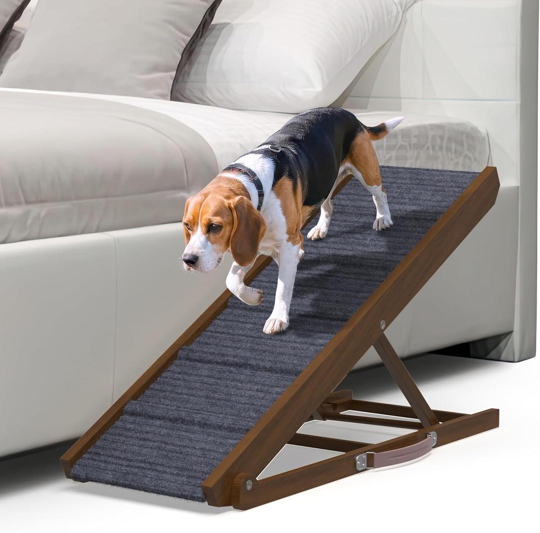 PATHOSIO Dog Ramps for Bed Portable Dog Ramp for Couch, Folding Dog Ramp for All Breeds Real Wooden Ramp for Dogs To Get on Bed, Adjustable Dog Ramps for Large Dogs (Walnut - Grey Carpet Medium-large)