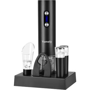 Electric Opener Set With Base, Accessories Including Rechargeable Corkscrew, Aerator, Stoppers and Foil Cutter - Perfect Gifts for Wine Lovers (Black)