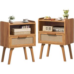 Lerliuo Rattan Nightstands Set of 2, Side Table with Drawer, Cane Accent Bedside End Table with Solid Wood Legs, Mid Century Modern Night Stand for Bedroom, Dorm and Small Spaces (Tea Brown)