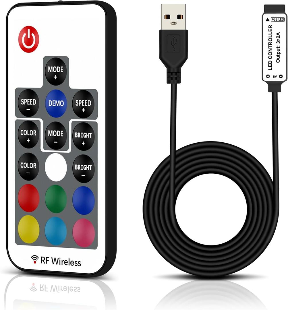 RGBZONE DC 5V USB RGB LED Controller, 17-Key RF Wireless Remote Control, 4-PIN LED Strip Lights Controller, 5050 3528 2835 RGB LED Strip Lights