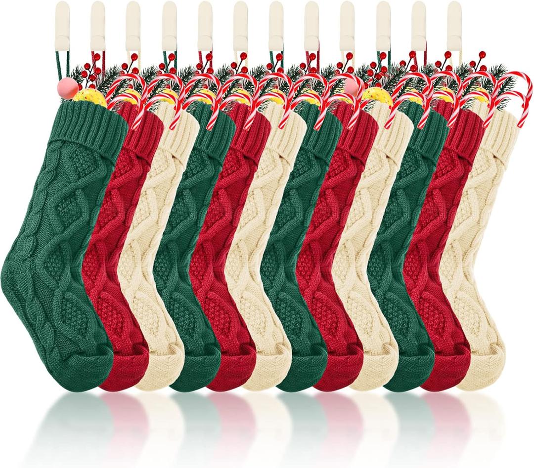 12 Pack 18 Inches Large Knitted Christmas Stockings Burgundy White Green Xmas Stockings with Holders Cute Vintage Christmas Stockings for Christmas Tree Family Holiday Season Xmas Decor