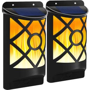 Solar Flame Lights Outdoor, Waterproof Flickering Flame Solar Lights Dark Sensor Auto On/Off 66 LED Solar Powered Wall Mounted Night Lights Lattice Design for Patio Deck Driveway (2Packs)